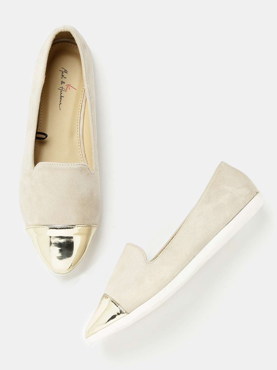 Buy Mast & Harbour Women Taupe & Muted Gold Toned Pointy Toed Slip Ons