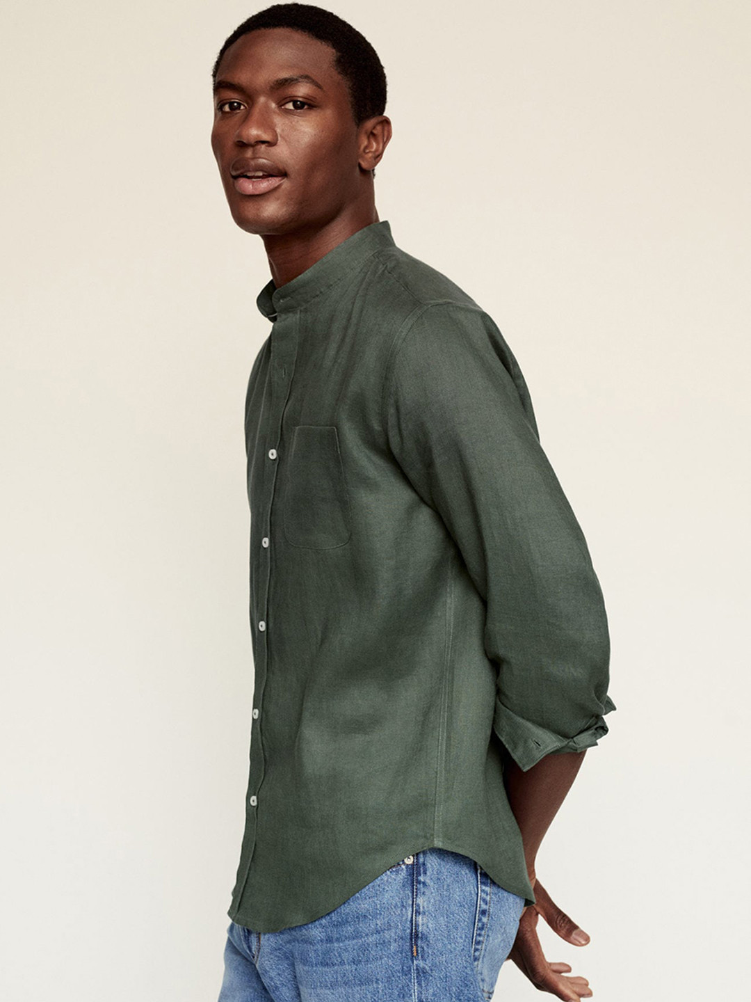 Buy MANGO MAN Olive Green Linen Slim Fit Solid Casual Shirt Shirts