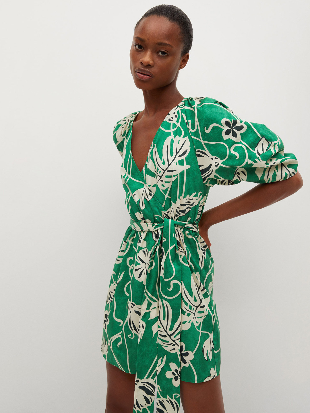 Buy MANGO Women Green & White Floral Print Pure Cotton Wrap Dress Dresses for Women 14310364