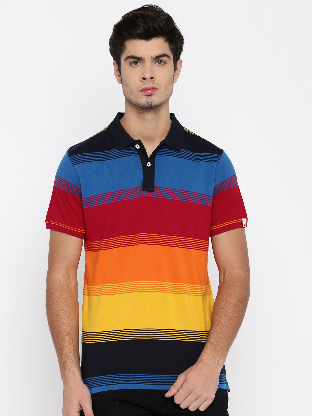 Buy Basics Multicoloured Striped Muscle Fit Polo Pure Cotton T Shirt