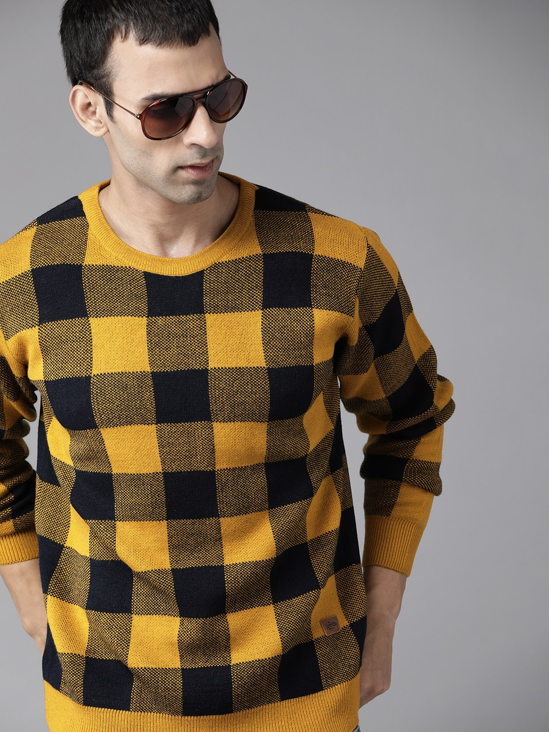 Buy Roadster Men Mustard Yellow & Navy Blue Checked Pullover Sweaters