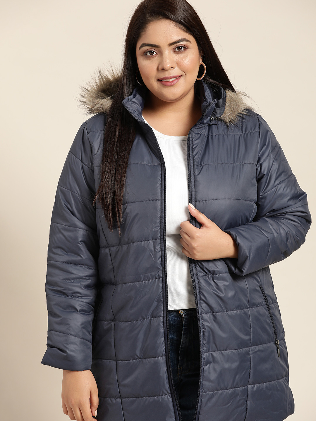 Buy Sztori Plus Size Women Navy Blue Detachable Hood Solid Longline
