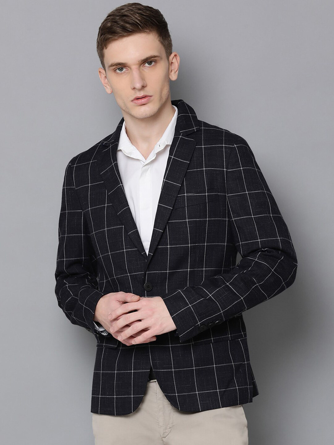 Men's White Geometric Printed Slim-Fit Single-Breasted Cotton Blazer