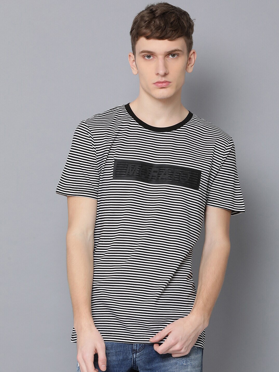 Buy Antony Morato Men Black & White Striped Round Neck T Shirt ...