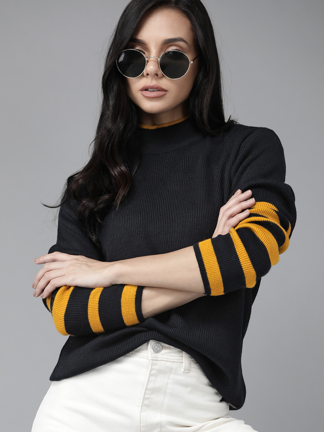 Buy Roadster Women Navy Blue Pullover Sweaters for Women 14331422