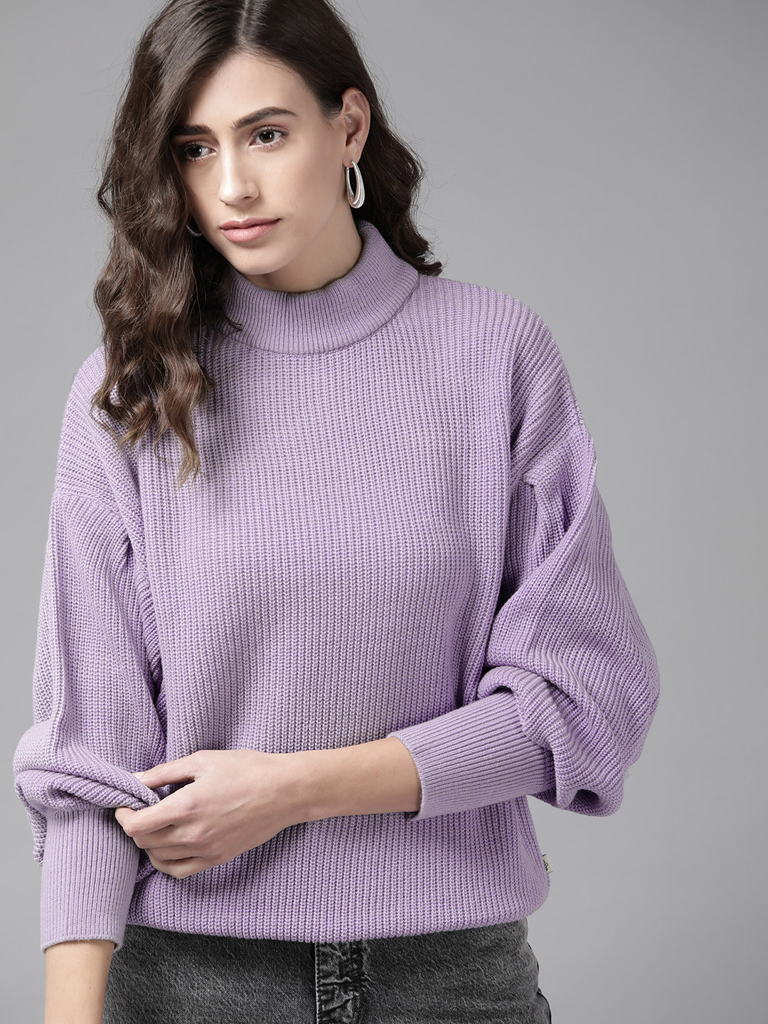Buy Roadster Women Lavender Solid Drop Shoulder Pullover Sweaters for