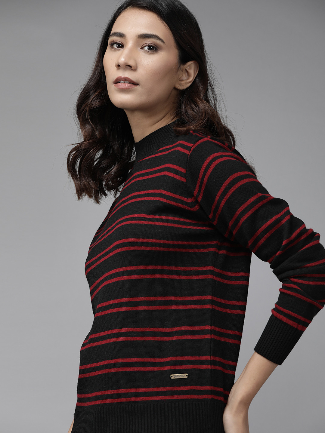 Buy Roadster Women Black & Rust Red Striped Pullover Sweaters for