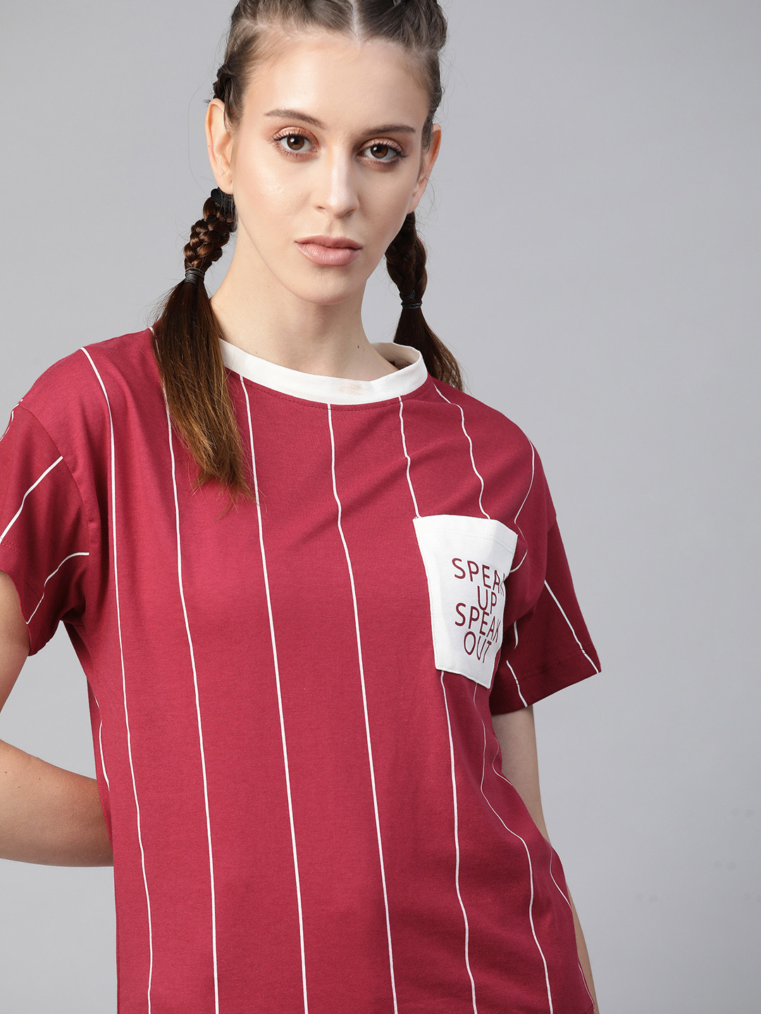 Buy Roadster Women Red White Striped Pure Cotton Drop Shoulder Sleeves