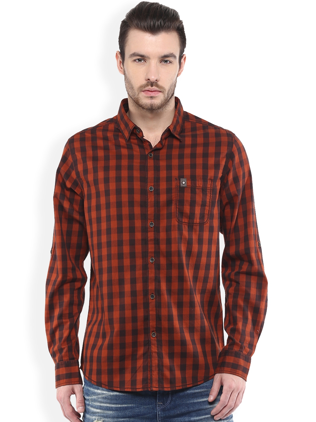 Buy Mufti Rust Red Checked Slim Fit Casual Shirt - Shirts for Men ...