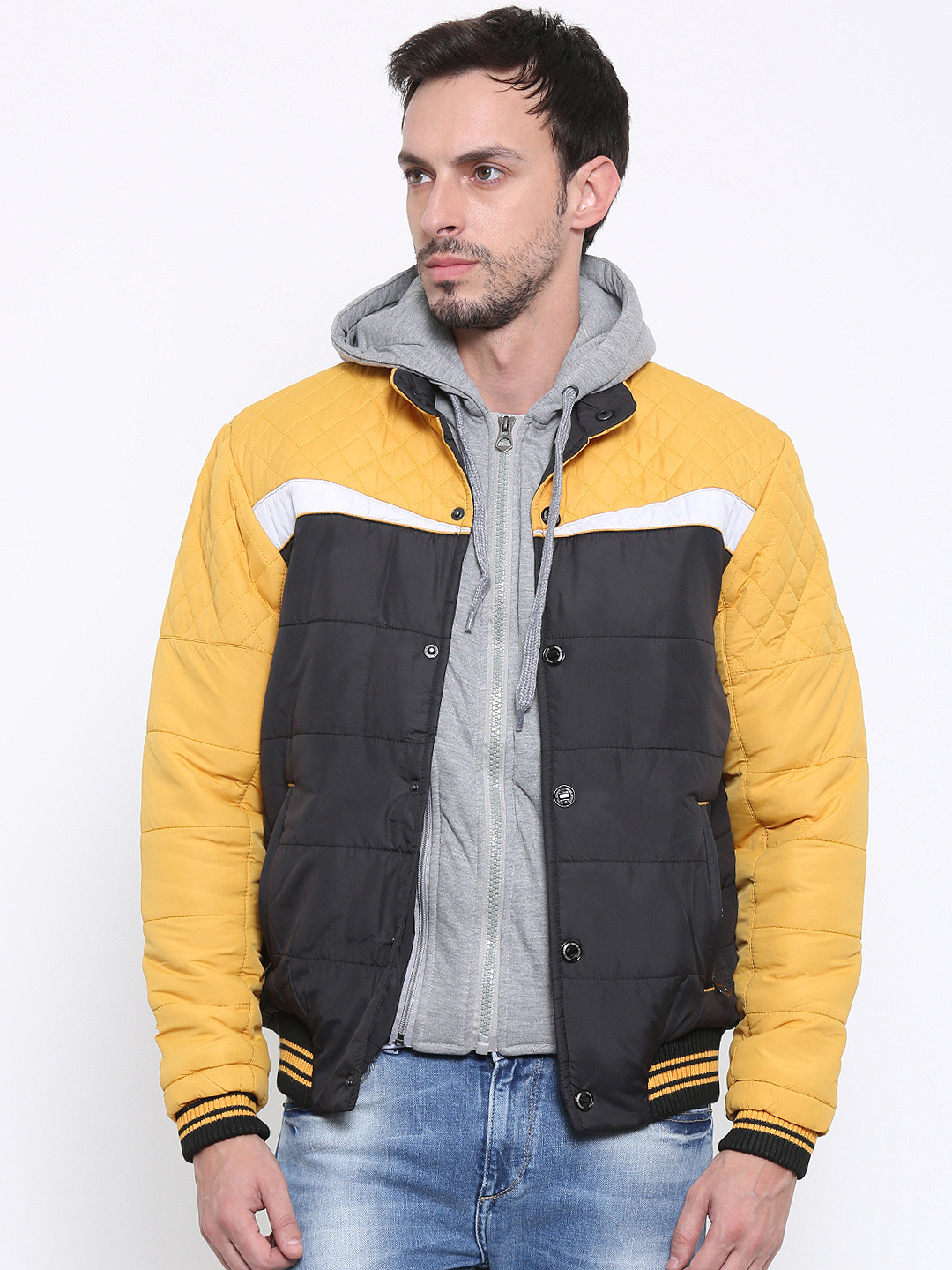 Buy Fort Collins Mustard Yellow & Black Hooded Bomber Jacket Jackets for Men 1435525 Myntra