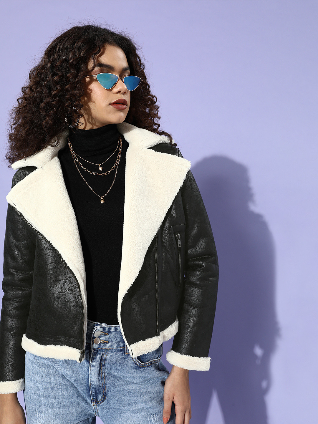 Buy Roadster Women Stylish Black Self Design Biker Jacket Jackets for