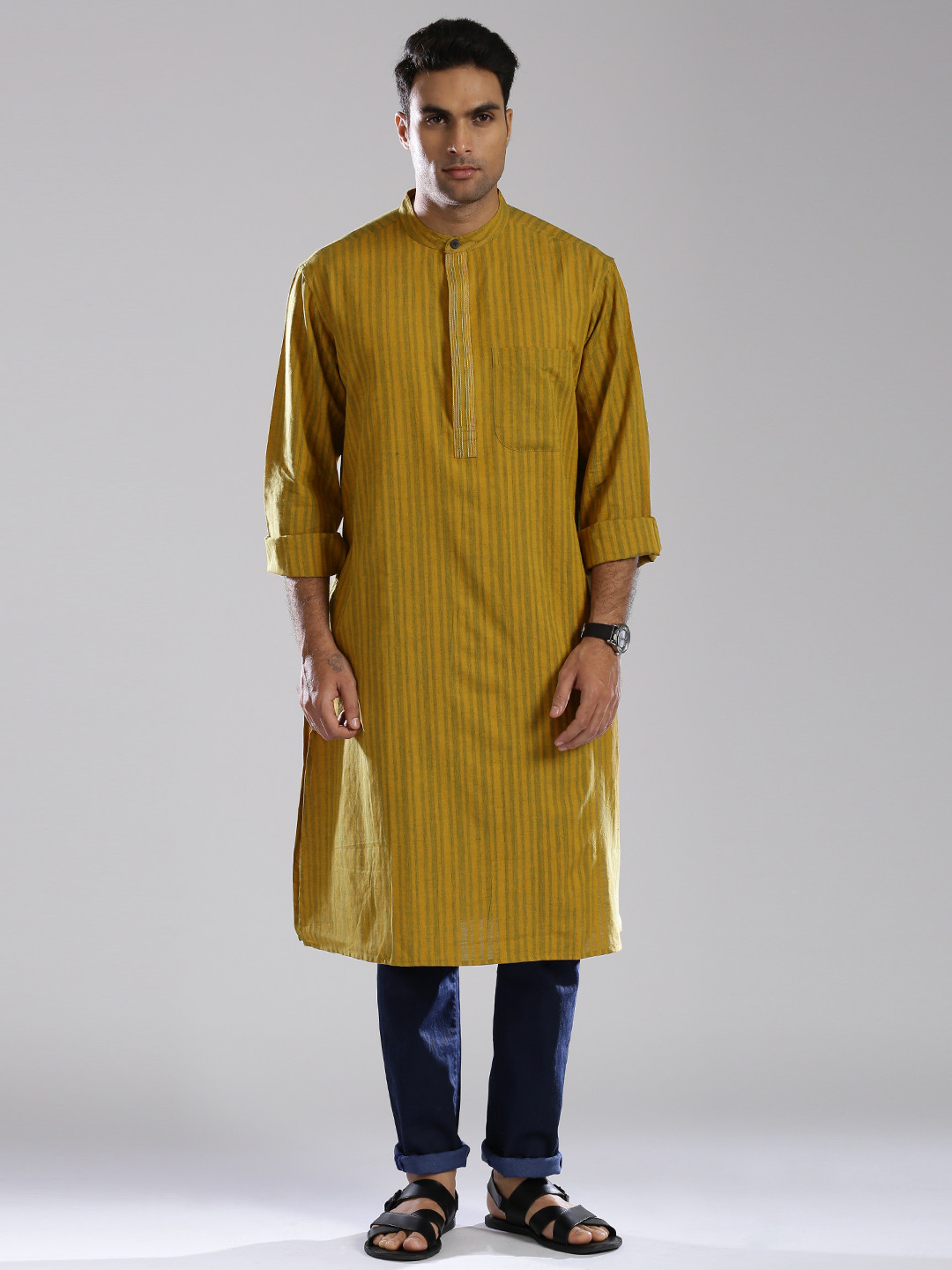 Buy Fabindia Mustard Yellow Self Striped Kurta Kurtas for Men 1436039