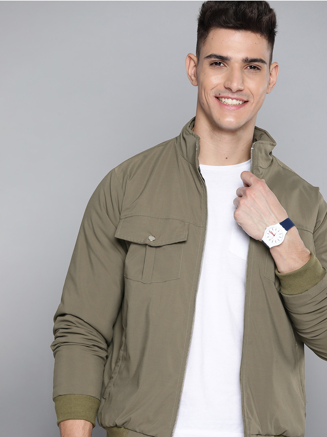 Buy Mast & Harbour Men Olive Green Bomber Jacket Jackets for Men
