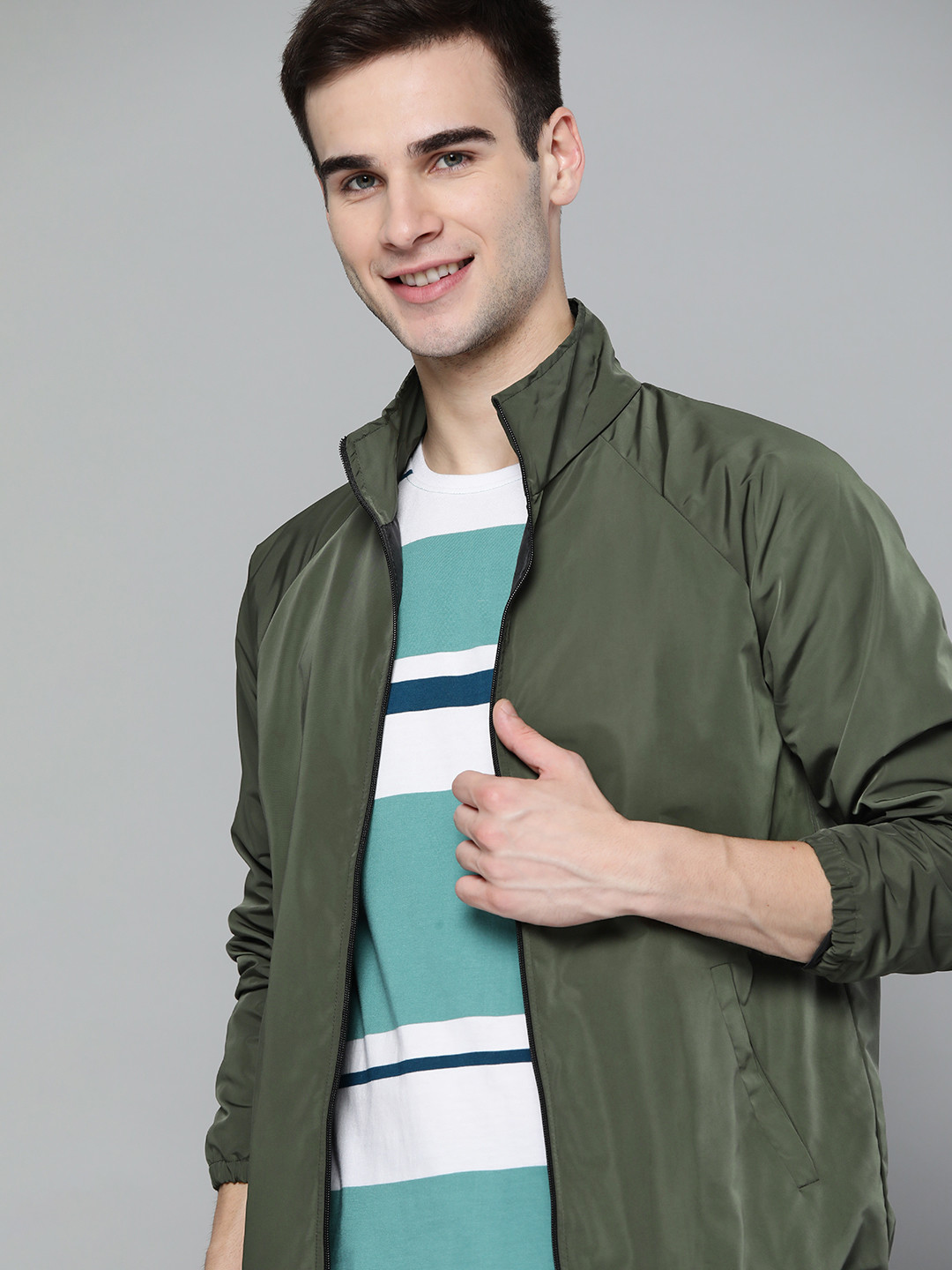 Buy Mast & Harbour Men Olive Green Bomber Jacket Jackets for Men