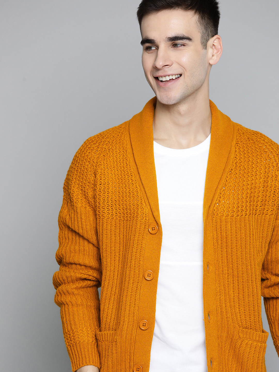 Buy Mast & Harbour Men Mustard Yellow Solid Acrylic Cardigan Sweaters