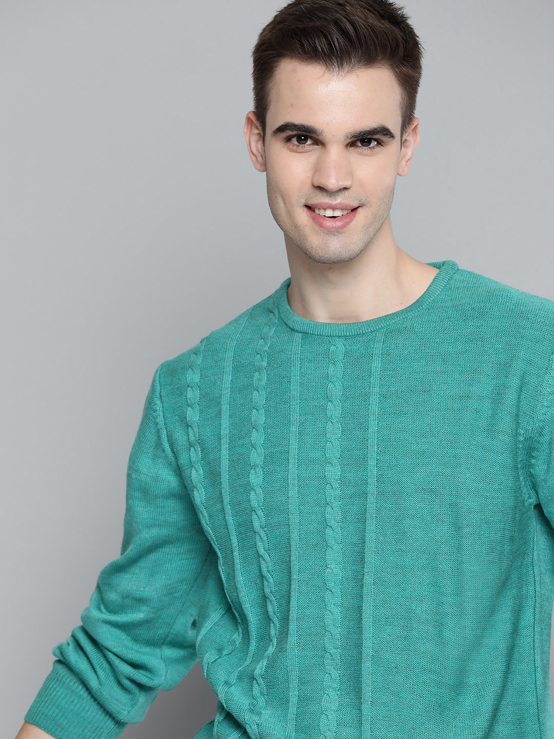 Buy Mast & Harbour Men Turquoise Blue Cable Knit Pullover Sweater