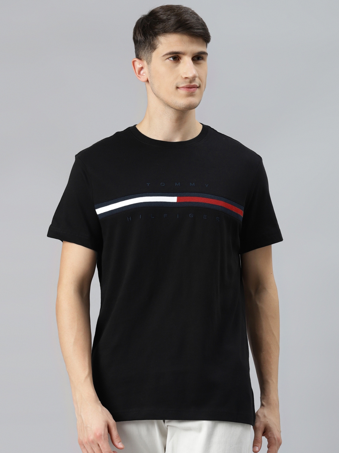 Buy Tommy Hilfiger Men Black Brand Logo Printed Pure Cotton T Shirt ...