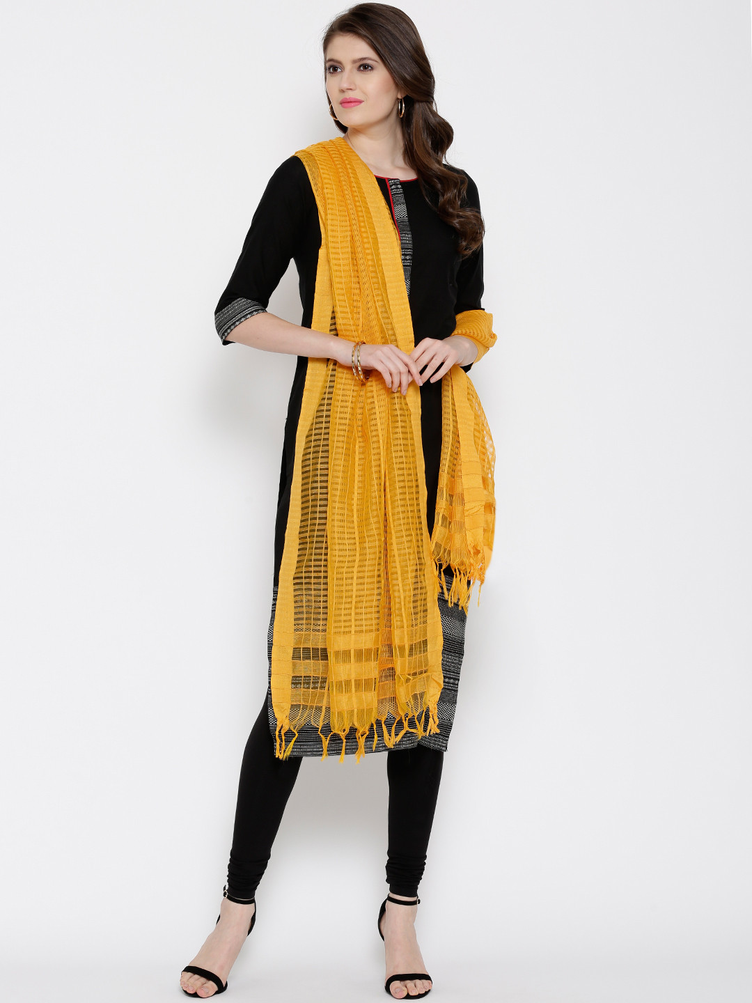 Buy Aurelia Mustard Yellow Self Checked Dupatta Dupatta for Women