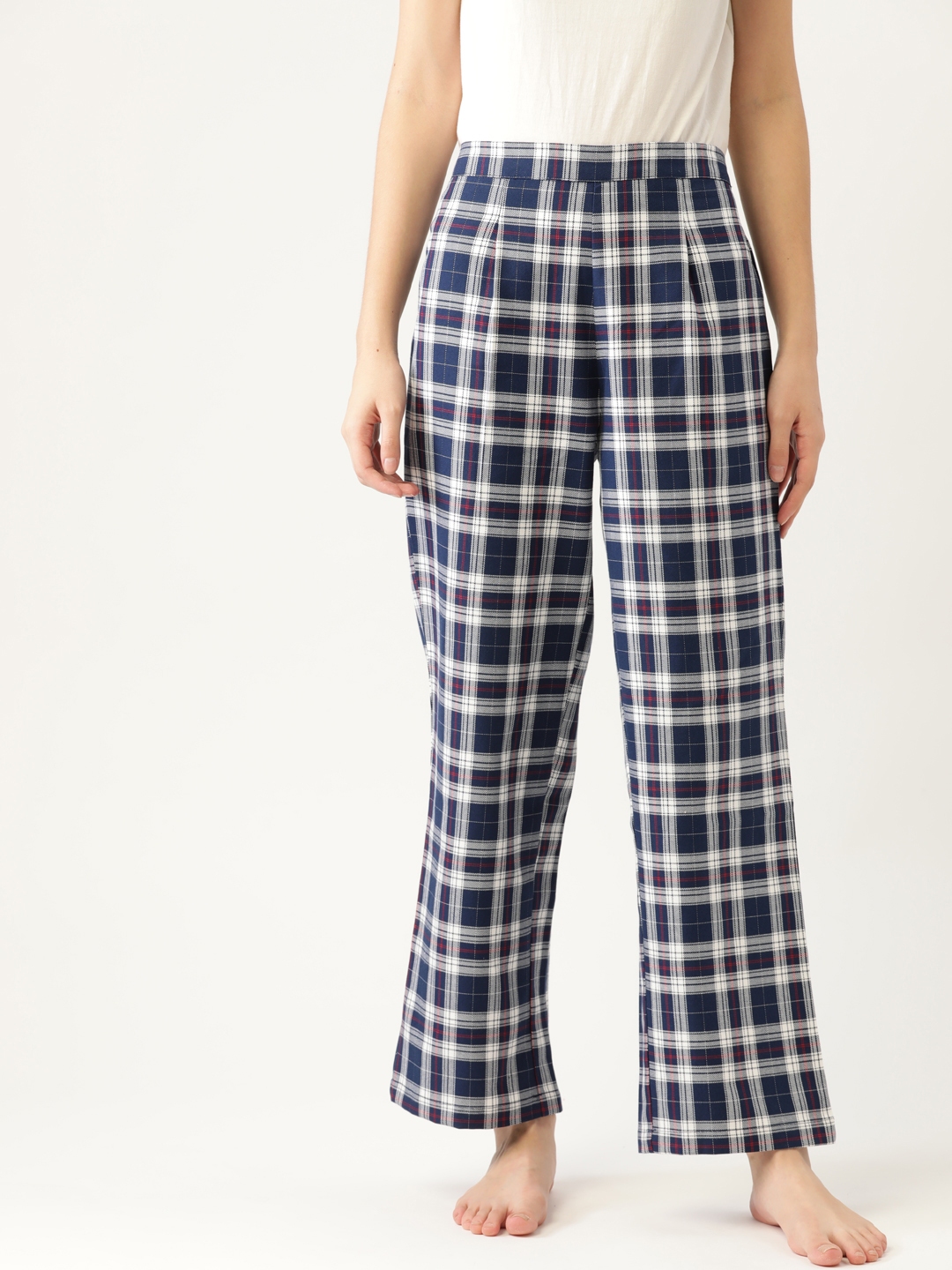 Buy ETC Women Pure Cotton Navy Blue & Off White Checked Lounge Pants ...