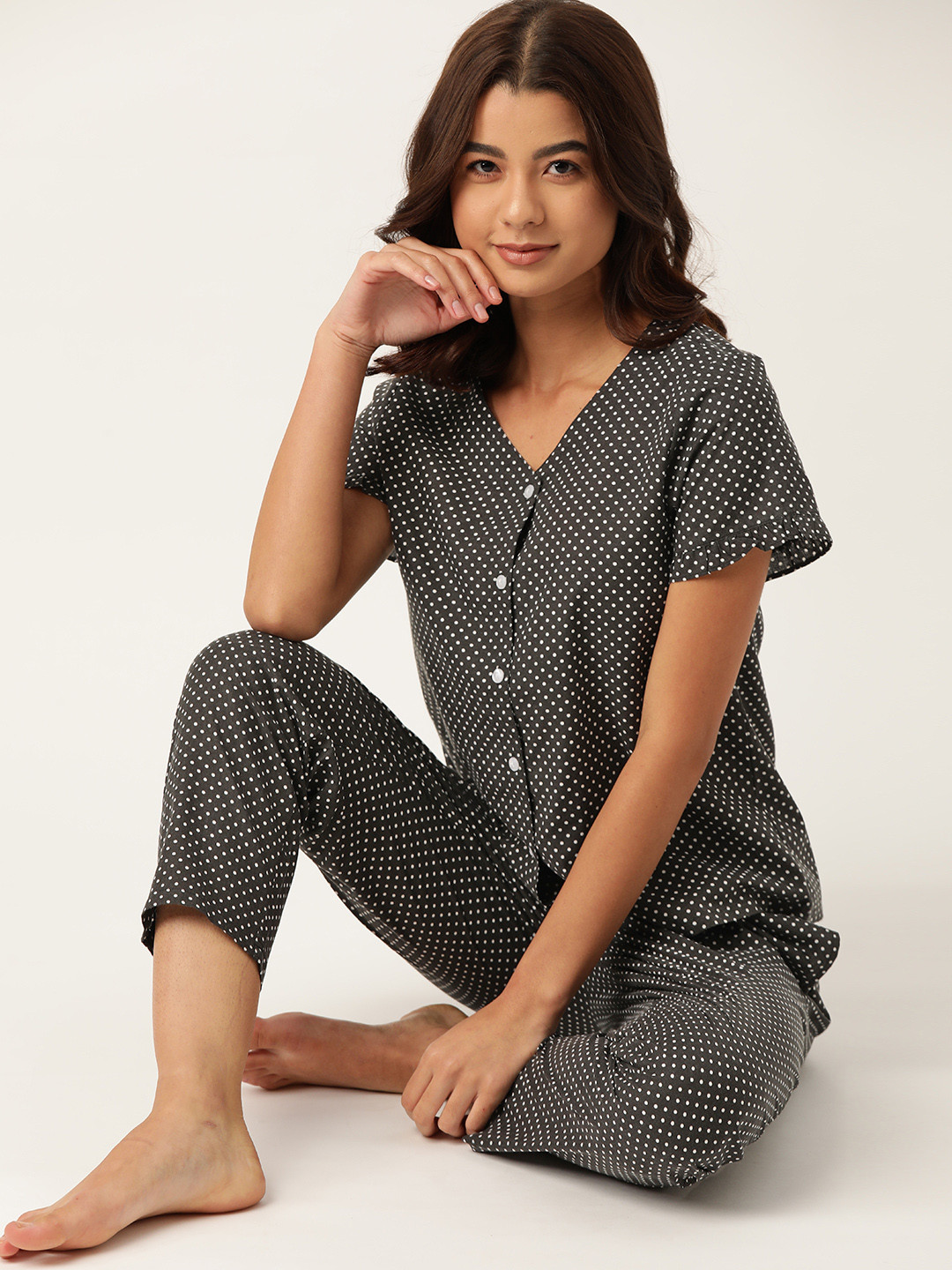 White Printed Cotton Night Suit