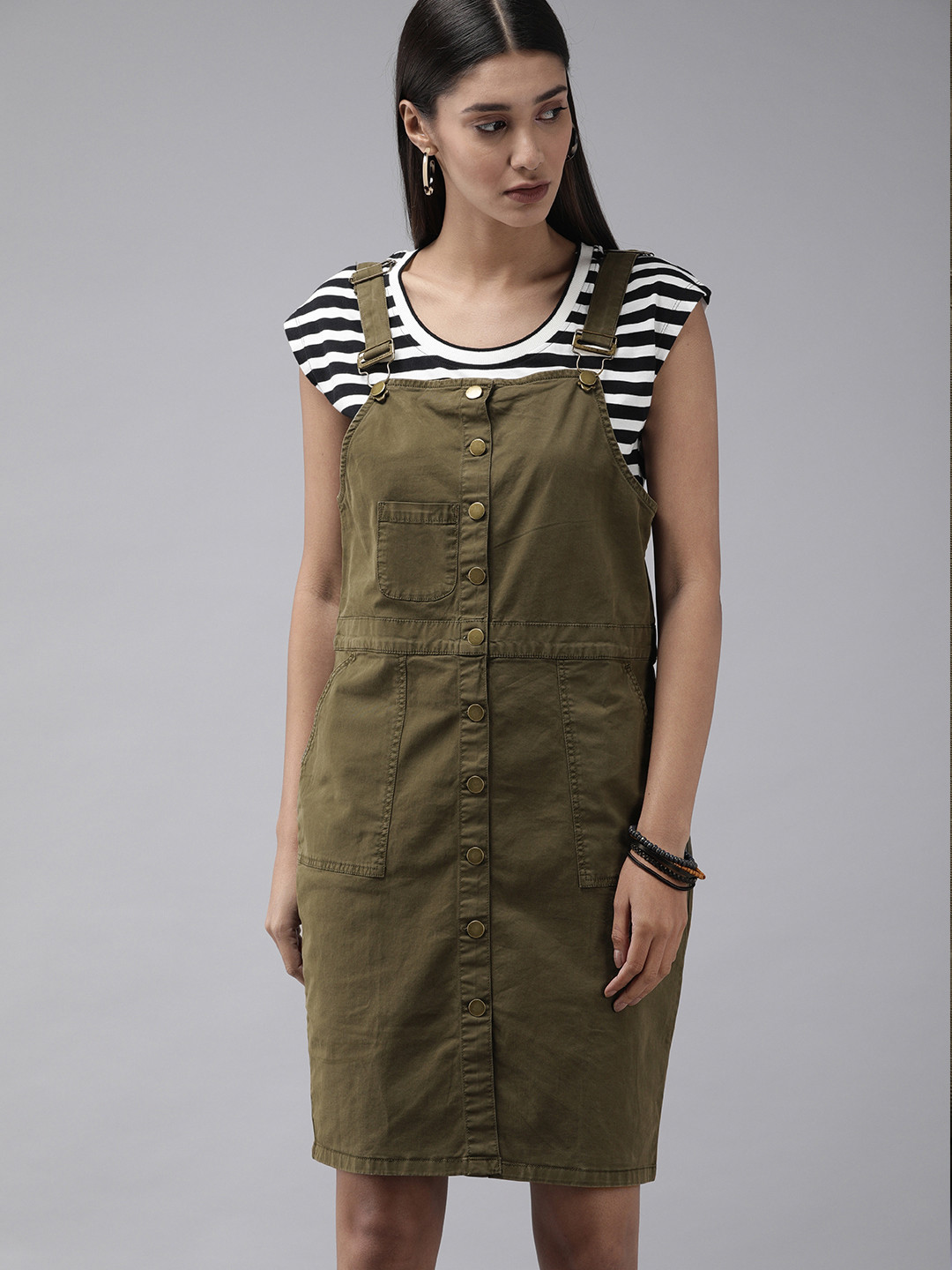 Buy Roadster Women Olive Green Denim Skirt Dungarees Dungarees for