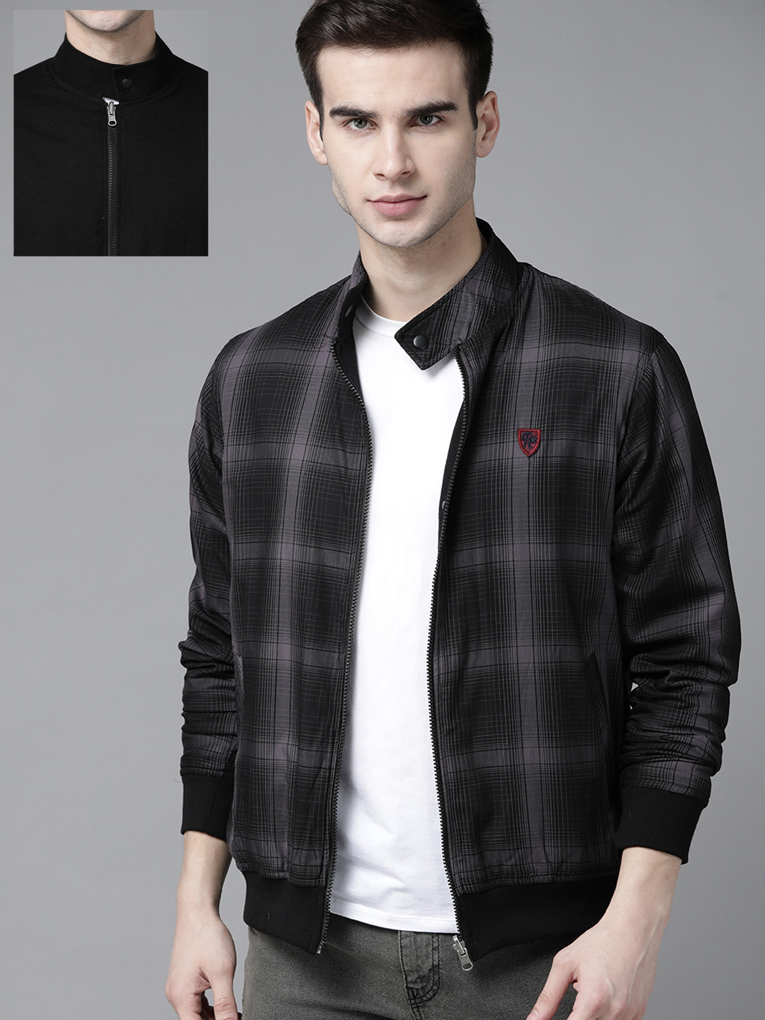 Buy Roadster Men Black & Grey Checked Reversible Bomber Jacket