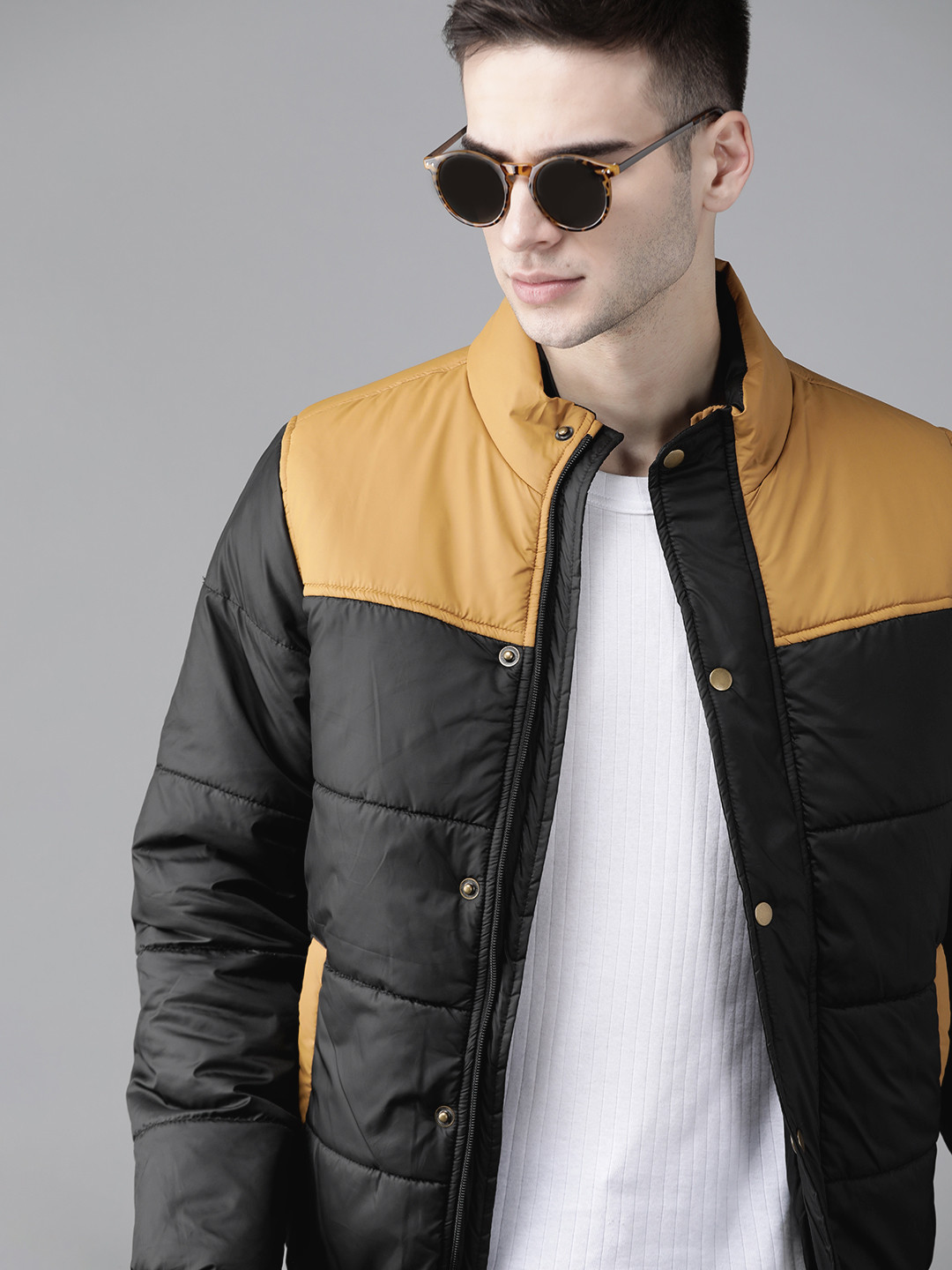 Buy Roadster Men Black & Mustard Yellow Colourblocked Padded Jacket