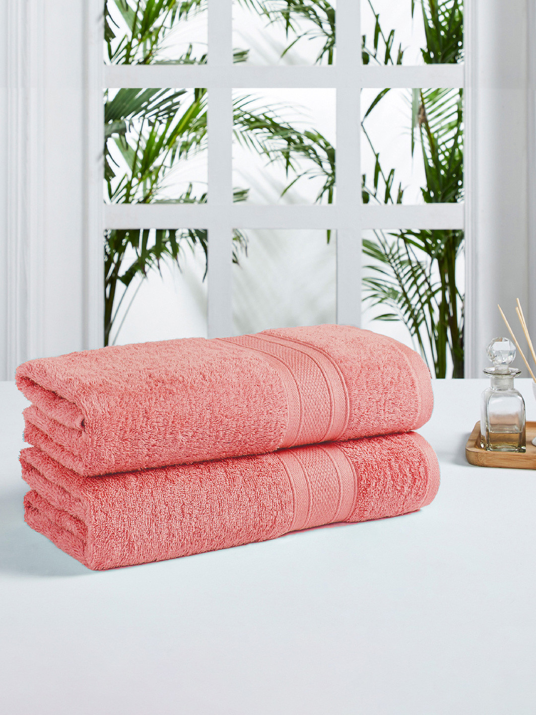Buy MYTRIDENT Peach Set Of 2 500 GSM Solid Bath Towels Towel Set for