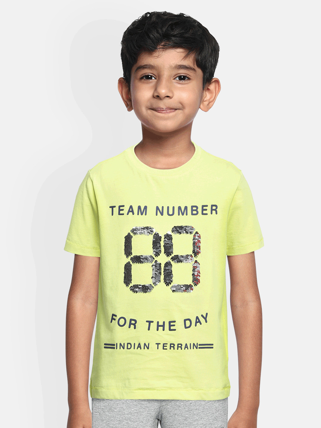 Buy Indian Terrain Boys Yellow Flip Sequin Typography Printed Pure