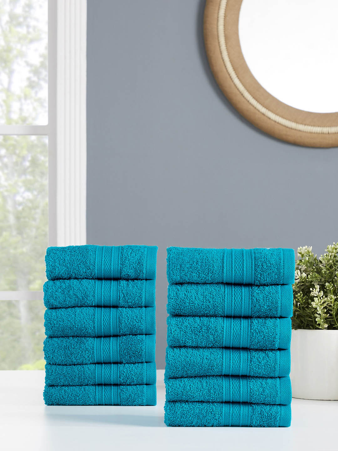 Buy MYTRIDENT Teal Blue Set Of 12 500 GSM Pure Cotton Face Towels