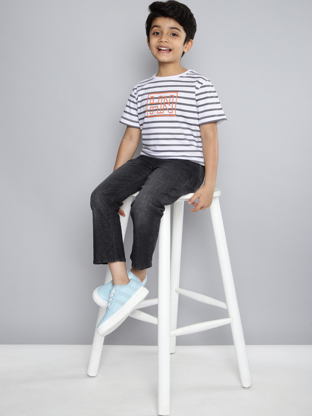 Buy HERENOW Boys White Grey Pure Cotton Striped Pure Cotton T Shirt