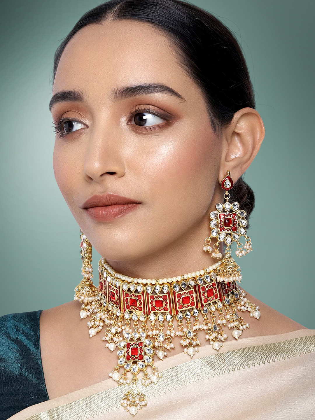 Buy Peora Red & White Gold Plated Handcrafted Meenakari Bridal