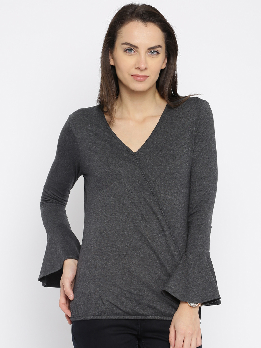 Buy DressBerry Women Charcoal Grey Solid Overlapping Top Tops for
