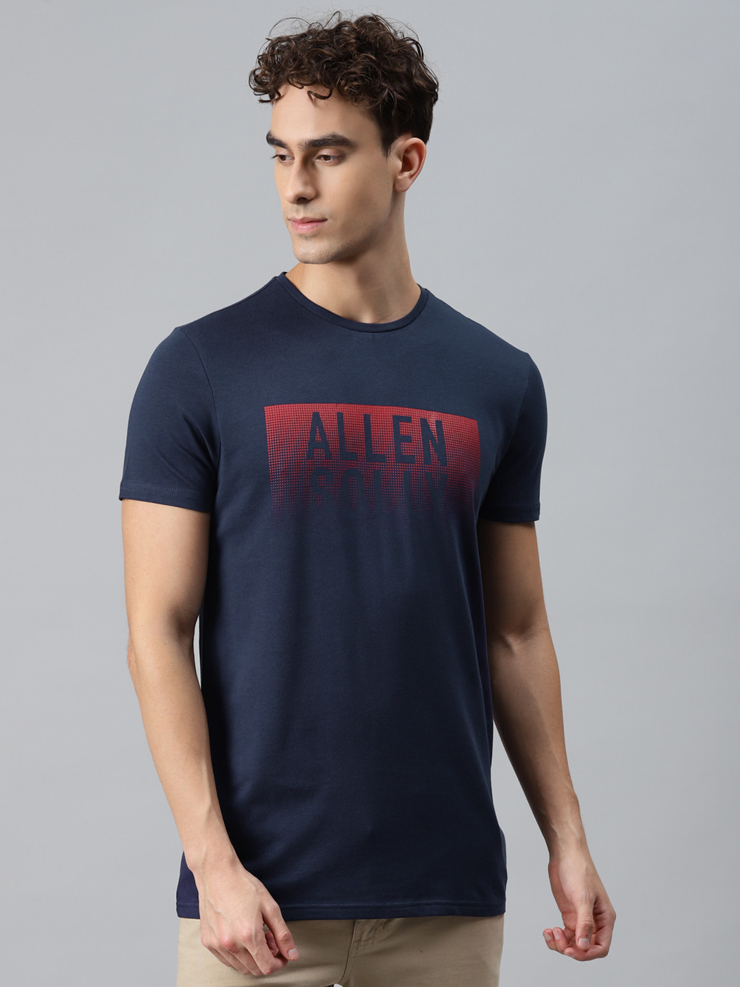 Buy Allen Solly Men Navy Blue Brand Logo Printed Round Neck Slim Fit T