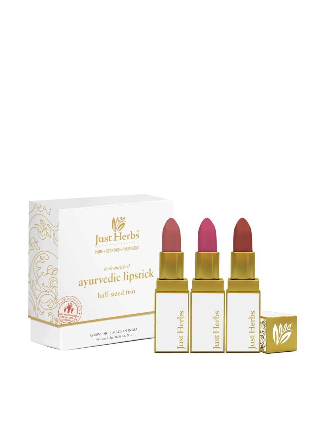 Buy Just Herbs Set Of 3 Half Size Lipstick Kit Peachy Coral Rose Pink