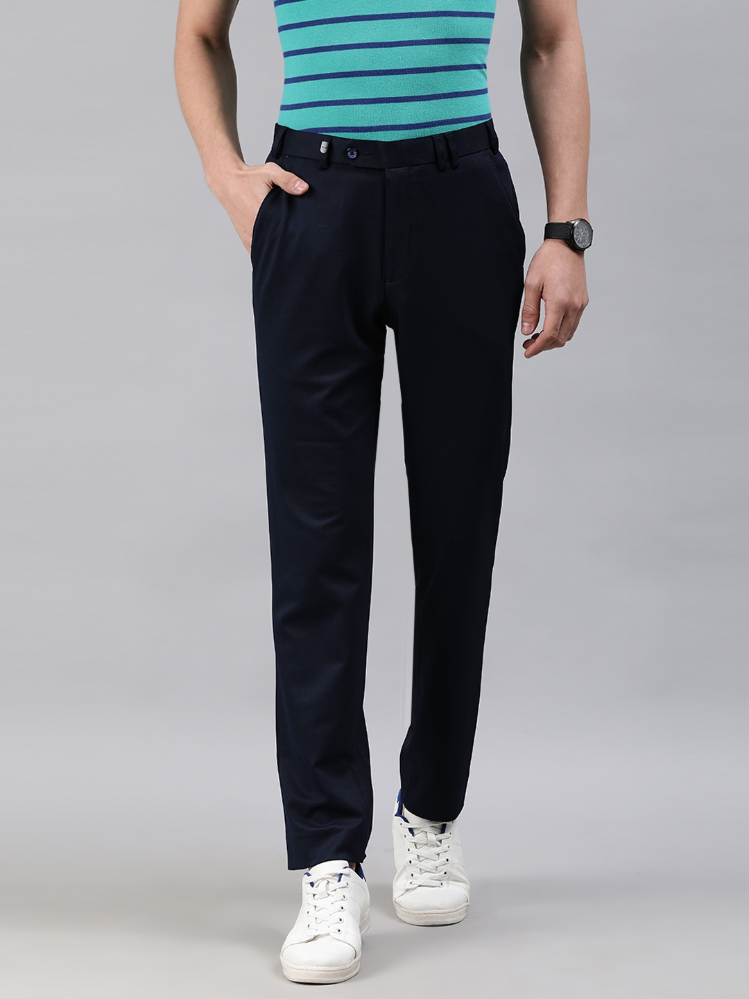 Buy Park Avenue Men Navy Blue Solid Active Fit Smart Casual Trousers ...