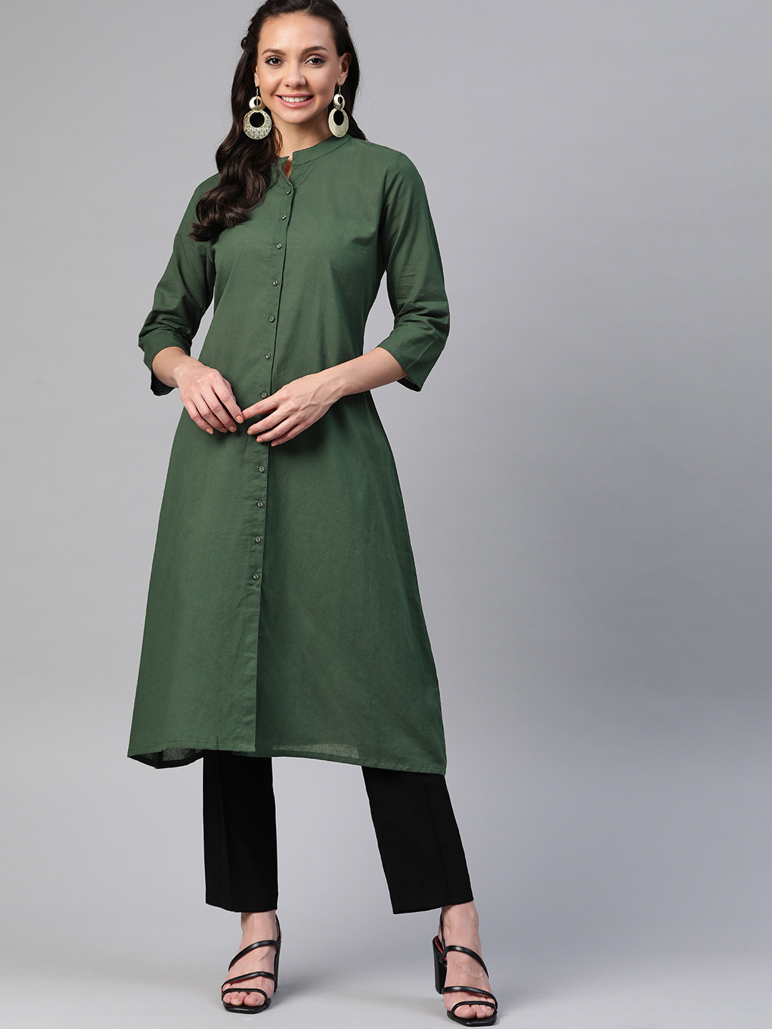 Buy HERE&NOW Women Olive Green Solid Pure Cotton A Line Kurta Kurtas