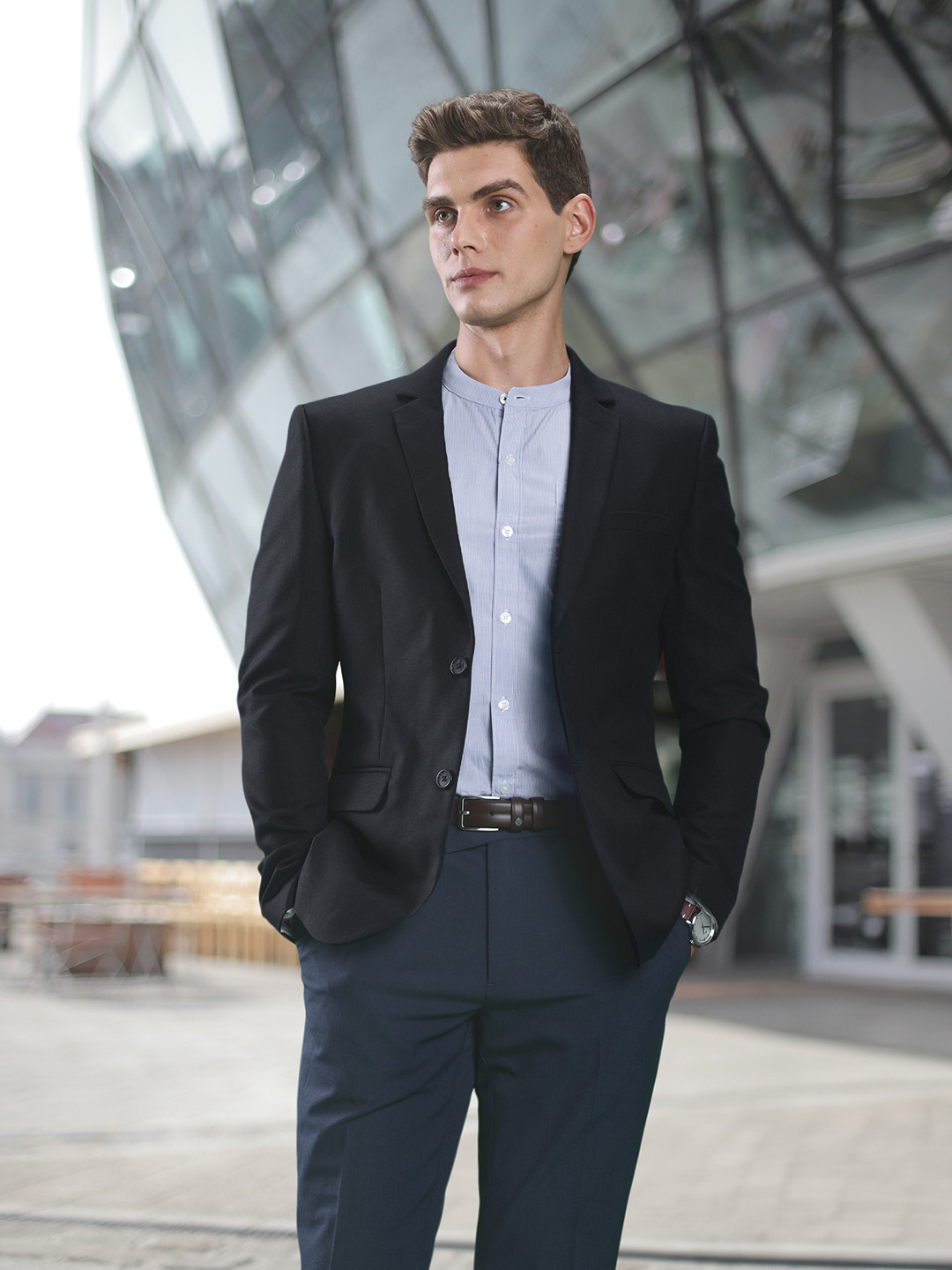 Men's Navy Blue Printed Slim-Fit Single Breasted Blazer