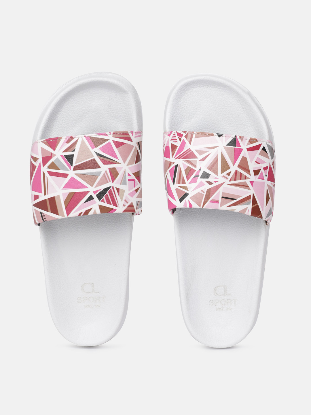 Buy Carlton London Sports Women White & Pink Geometric Print Sliders - Flip Flops for Women 