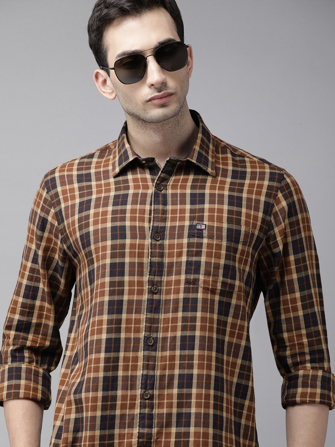 Buy Arrow Sport Men Beige & Brown Slim Fit Checked Casual Shirt ...