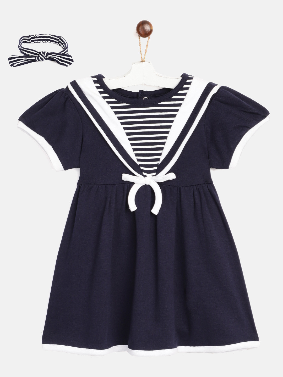 Buy YK Organic Infant Girls Navy Blue & White Striped Cotton Fit