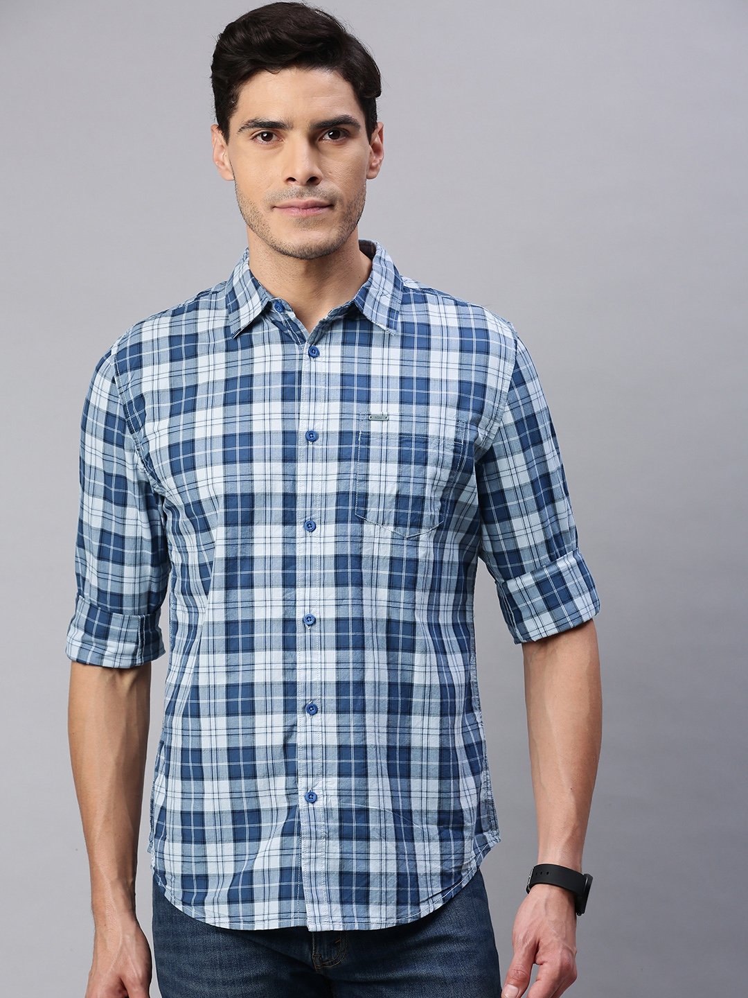 Buy Abof Men Blue Slim Fit Checked Casual Shirt - Shirts for Men ...