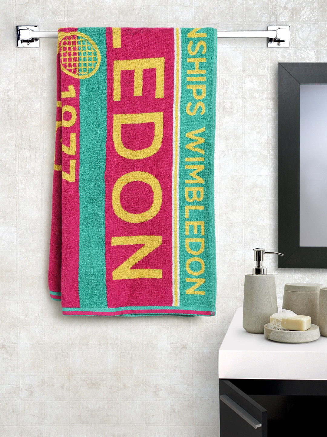 Buy SPACES Wimbledon Pink & Green Patterned Cotton 500 GSM Bath Towel