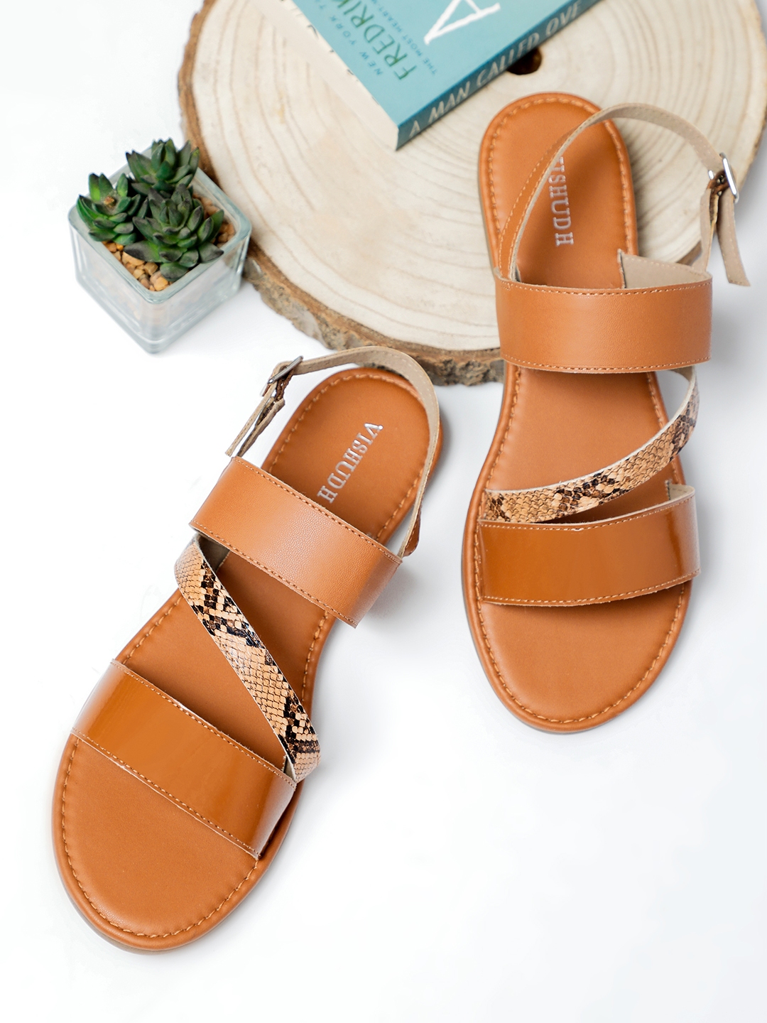 tan open toe flats