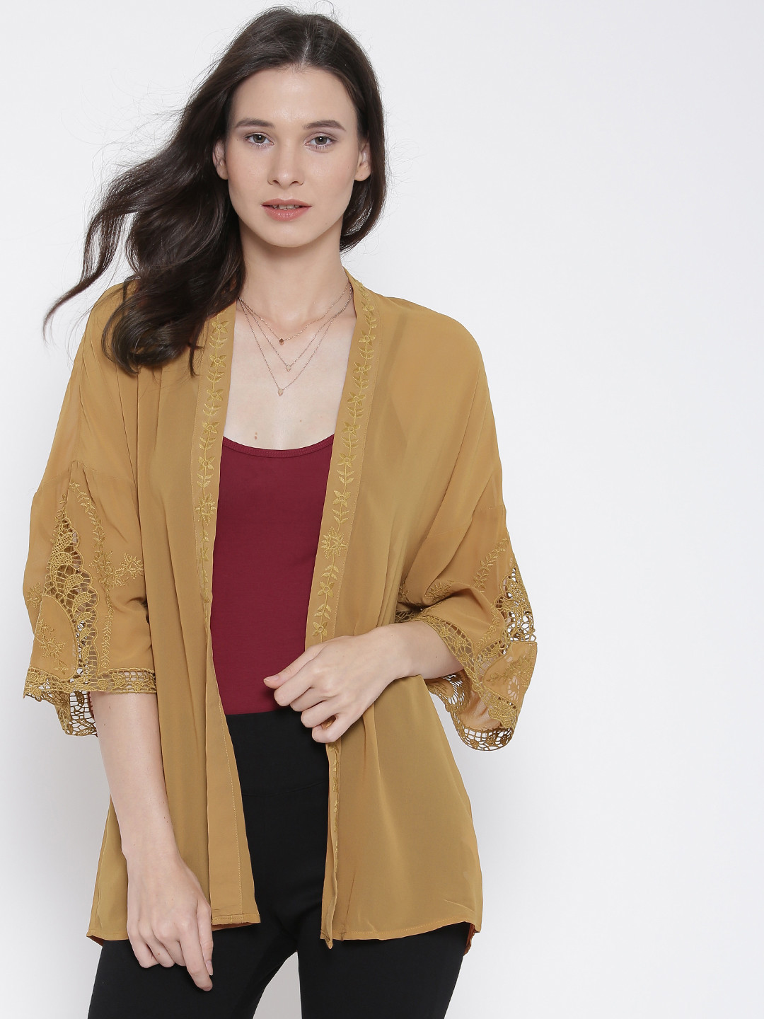 Buy FOREVER 21 Mustard Yellow Embroidered Sheer Shrug Shrug for Women