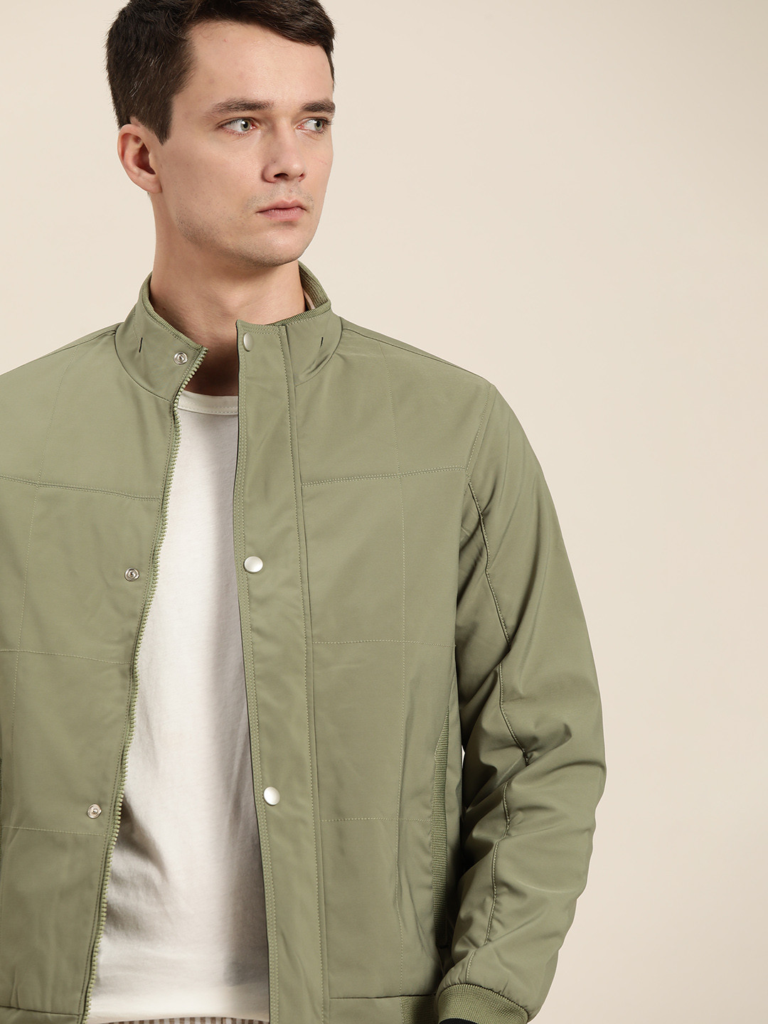 Buy Ether Men Olive Green Solid Varsity Jacket Jackets for Men