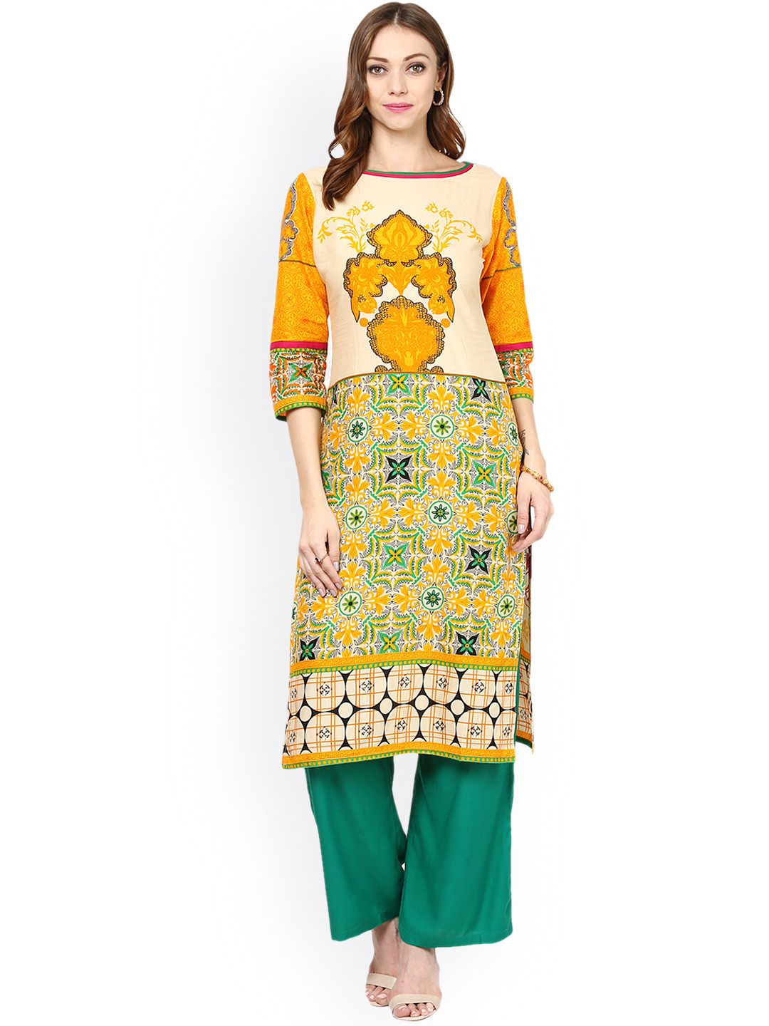 Buy Jaipur Kurti Multicoloured & Green Printed Kurta With Palazzo