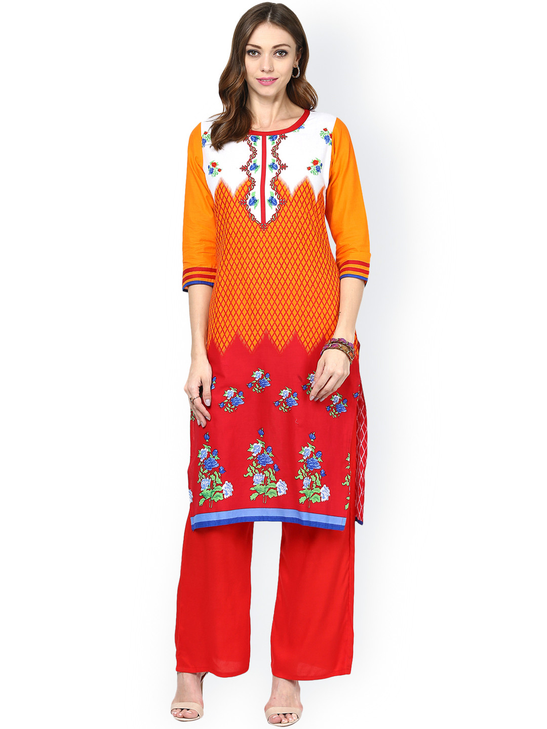 Buy Jaipur Kurti Orange & Red Printed Kurta With Palazzo Trousers