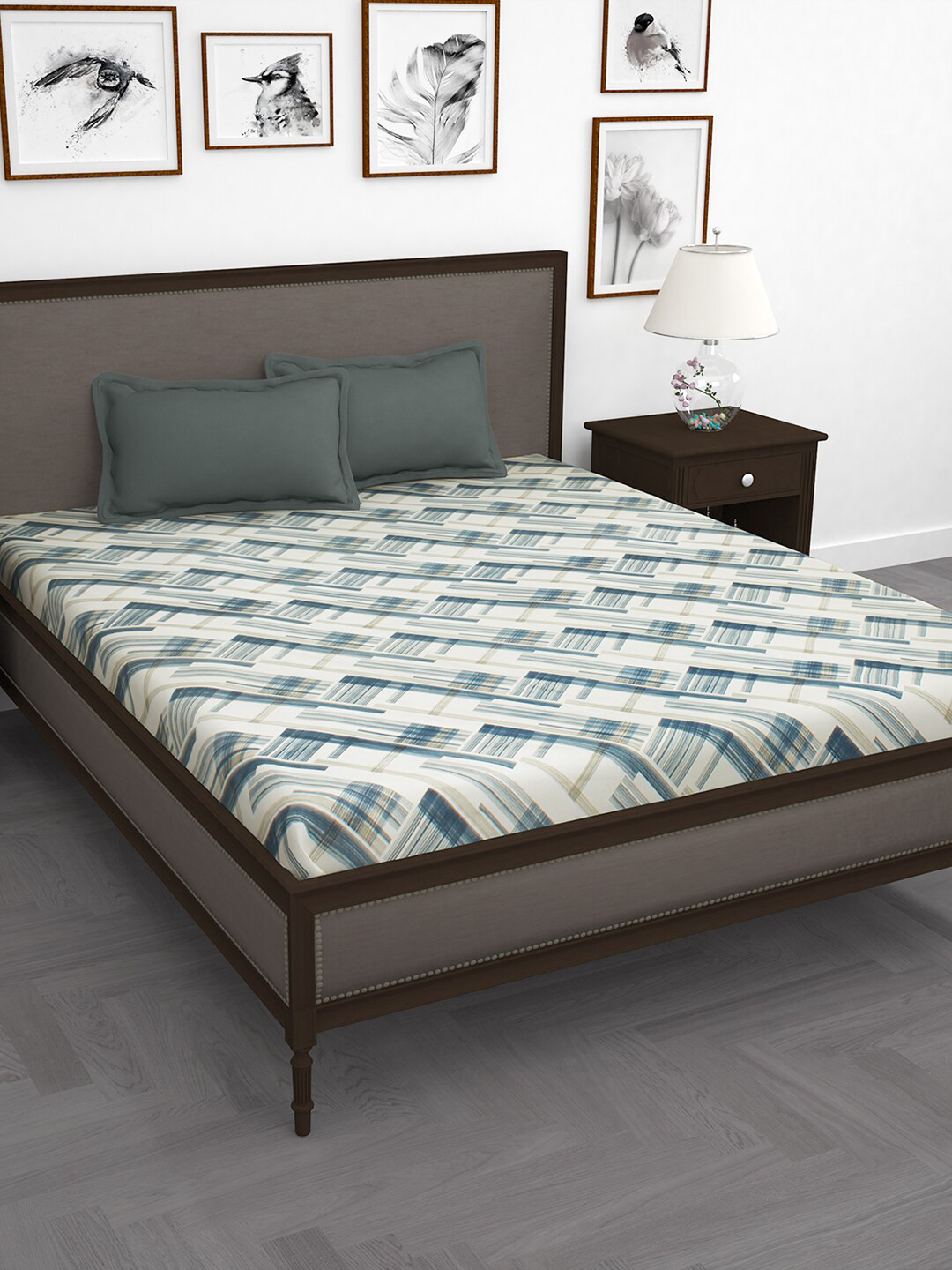 Buy Storyhome Off White Blue 210 TC King Bedsheet With 2 Pillow Covers