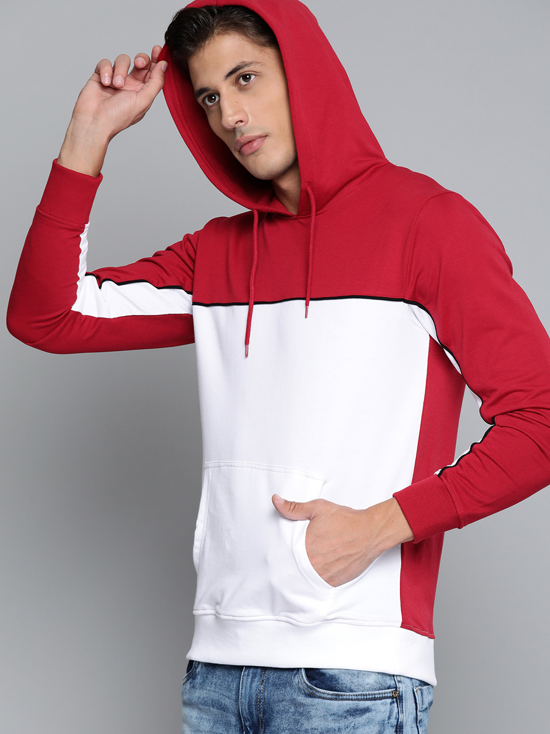 Buy Kook N Keech Men Maroon & White Colourblocked Hooded Sweatshirt - Sweatshirts for Men 